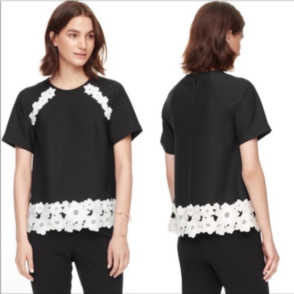 Kate Spade Black/White Crepe Short Sleeve Embroidered Lace Top/Blouse Size 6